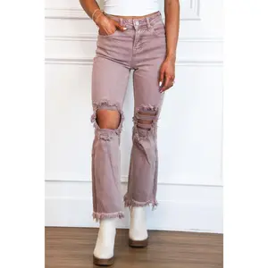 Riva Risen Distressed High Rise Straight Denim: Mauve