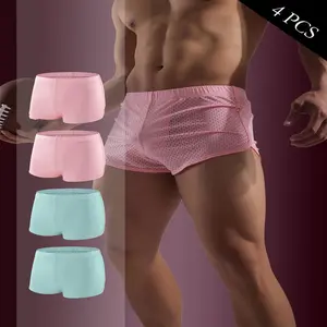 4-Pack Men's Breathable Boxer Briefs - Comfort Fit, Solid Color Mesh Design, Stretch Fabric, Everyday & Casual Wear (Black, White, Gray, Dark Gray), Comfortable Undergarment, Modern Underwear, Stretchable Material