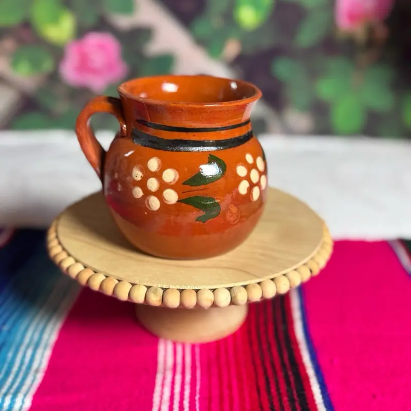Clay Coffee Cup 355ml Traditional Handcrafted with Floral Design on Wooden Stand Unique Artistic Pottery Drinkware