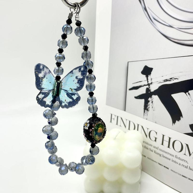 Butterfly Design Beaded Phone Chain, DIY Premium Smudge Bow Beaded Crystal Lanyard, Phone Wrist Lanyard, Earphone Case Key Camera Ornament, Charms