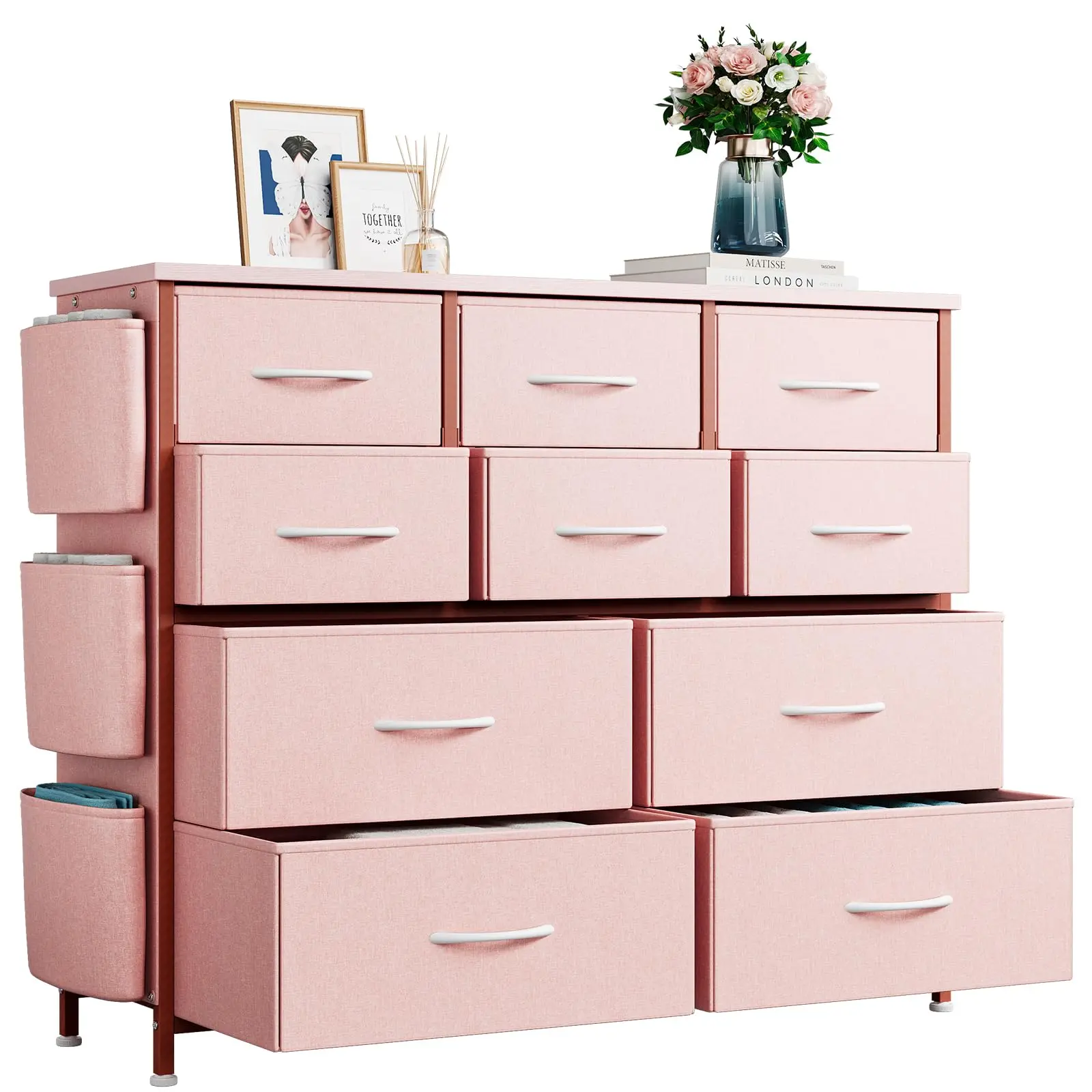 Garvee Dresser for Bedroom, 10 Drawers Fabric Storage Drawer, Dressers & Chest of Drawers with Side Pockets, Hooks, Wood Tabletop for Closet, Living Room, Hallway (White)