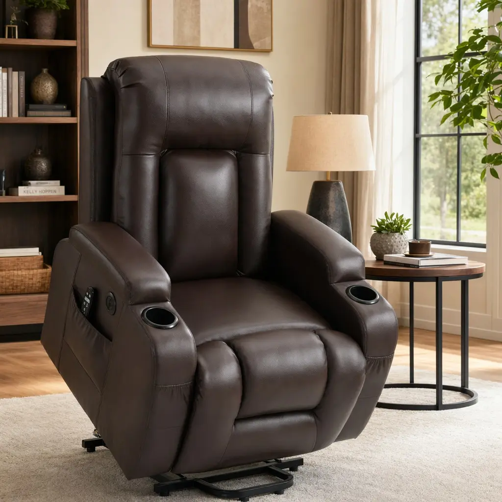 Power Lift Recliner Chair for Elderly Heavy Duty 350 LBS Capacity with Vibration Massage and Lumbar Heat, Faux Leather Upholstered Living Room Reclining Chair with USB Port and Cup Holders Brown, Brown Color Options, Metal & Wood Material