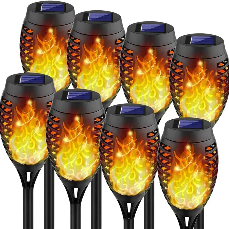 8-Pack Solar Flickering Flame Torch Lights - Waterproof In-Ground Solar-Powered Decorative Landscape Fixtures, Outdoor Lighting for Decking & Patio, 8-Light Yard Set