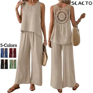 Scacto Women's 2 Piece Linen Outfits, Sleeveless Crochet Back Tank Top and Wide Leg Pants Set for Summer Vacation ladies pj