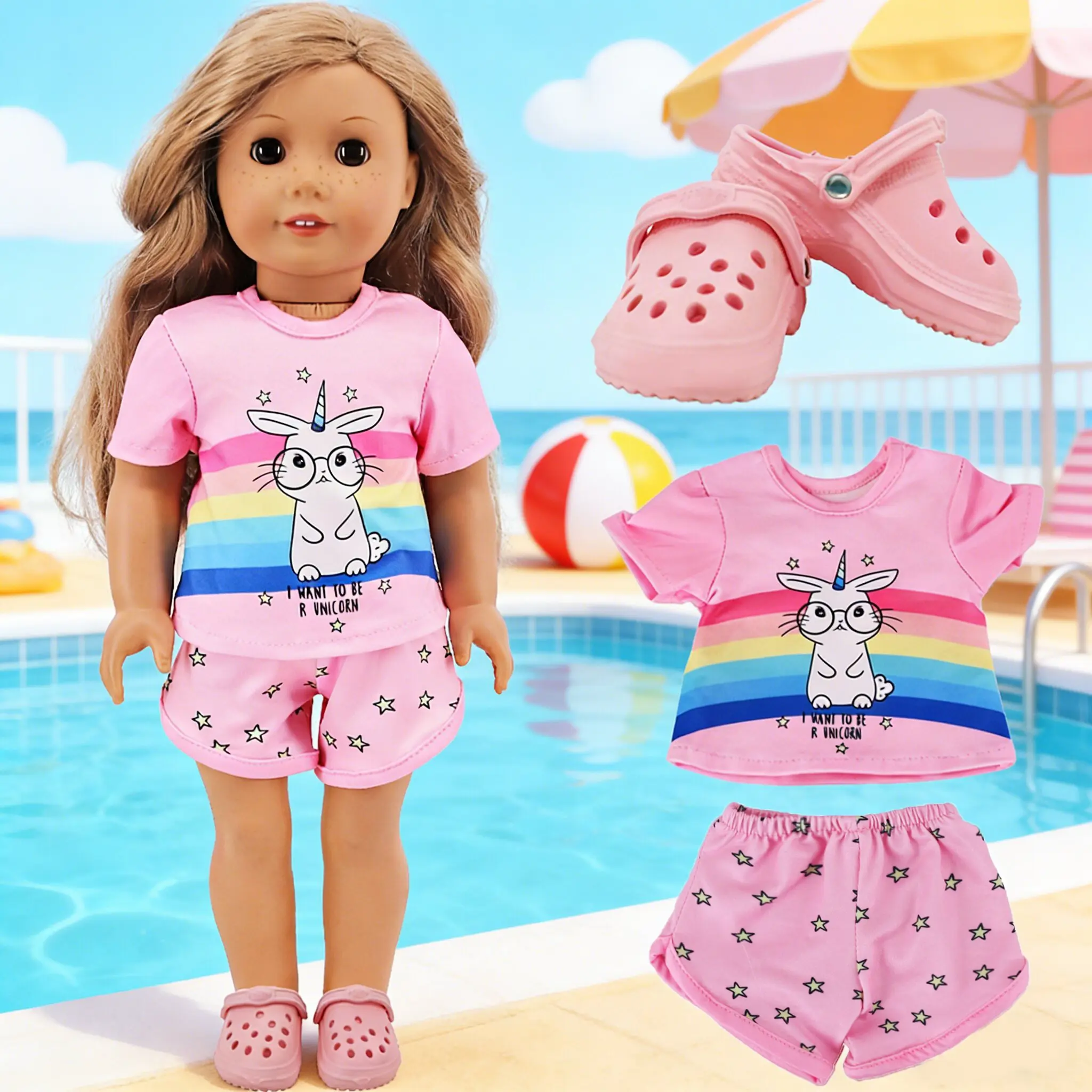 Summer New Set for 18 Inch Girl Dolls, Swimwear + Beach Sandals (doll Not Included), Perfect for Playtime, Clothes Set Doll, Doll Accessories