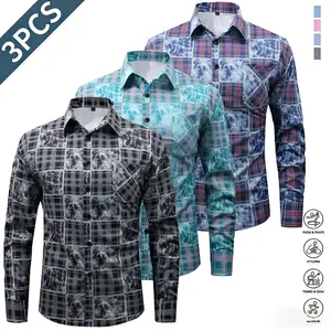 Men’s long-sleeve shirt featuring a tie-dye plaid patchwork design with chest pocket; trendy casual style with a classic pointed collar that’s sharp and well-structured. A left chest patch pocket adds practical storage. An allover tie-dye plaid patchwork,