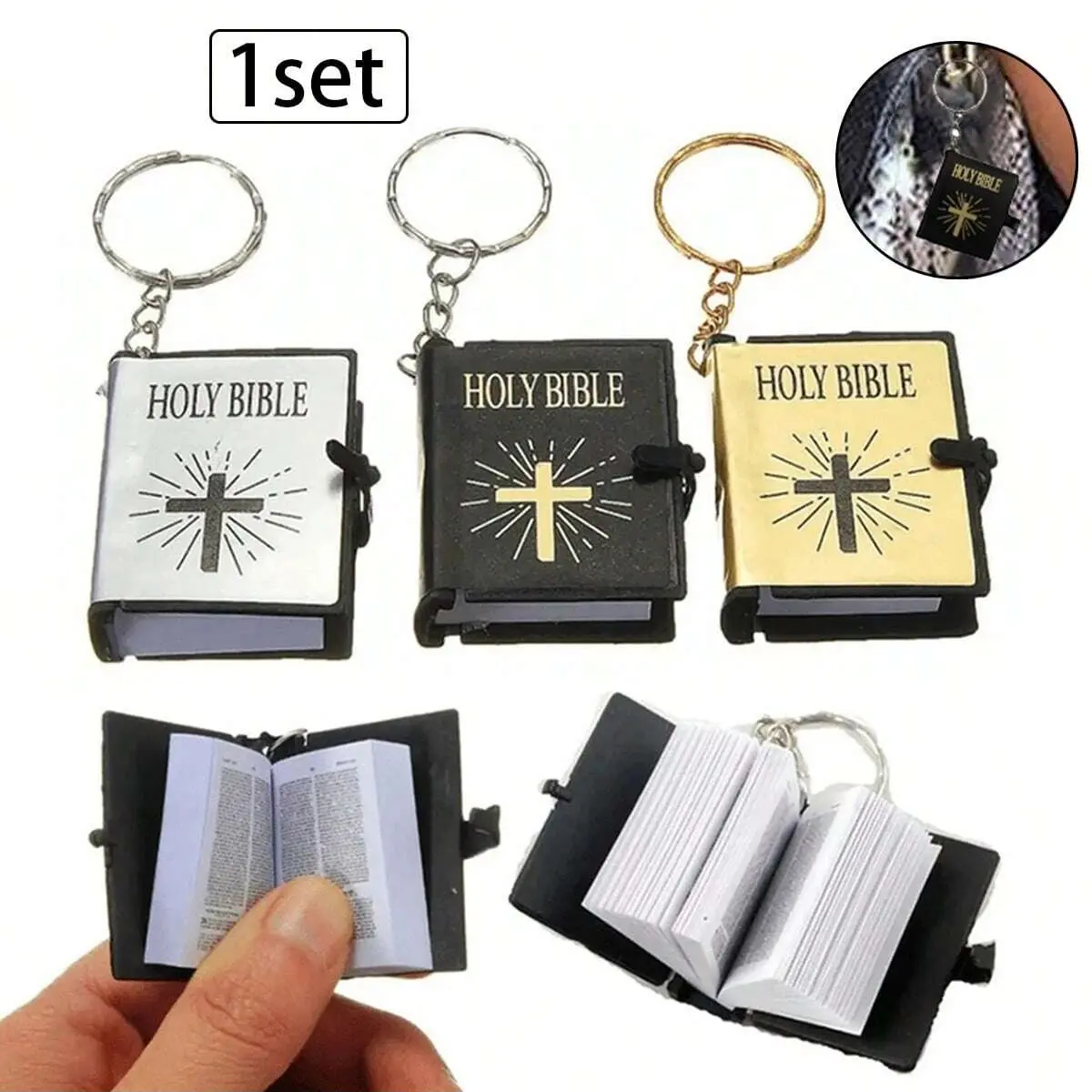 Mini Bible Keychain, Portable Christian Cross Keyring, Car Key Holder, Fashion Gift for Boys and Girls, Holiday Present