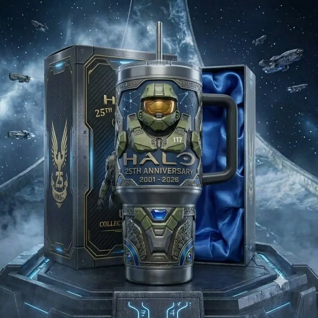 Halo 25th Anniversary 2001 2026 Master Chief 117 Limited Edition 40oz Tumbler with Handle, Stainless Steel Travel Cup with Straw and Lid, Reusable Insulated Water Bottle, Gaming Drinkware, Travel Cup, Gamer Gift