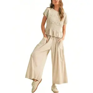 Women’s Summer Two-Piece Set – Top + Wide-Leg Pants, Soft Breathable Fabric, High-Waist Casual Style, Loose Fit with Pockets