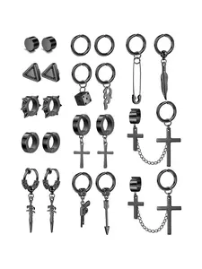 22Pcs Stainless Steel Earrings Set - Cross Chain Pendant, Huggie Hoop, Clip On - Non-Piercing - Black