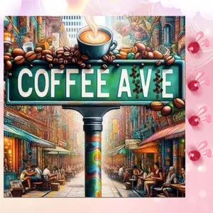 5D DIY Full Drill Round Diamond Painting - Diamond Art Kit Coffee Street Sign Mosaic, Canvas - DIY Decorative Painting, Home Wall Decor, Suitable for Halloween, Christmas, Birthday, and Anniversary Gifts.