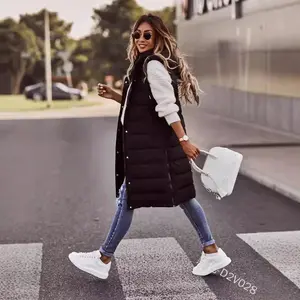 Wish Solid Color Hooded Single-breasted Medium and Long Cotton Clothing Vest Slim-fit Temperament Cardigan Jacket Top