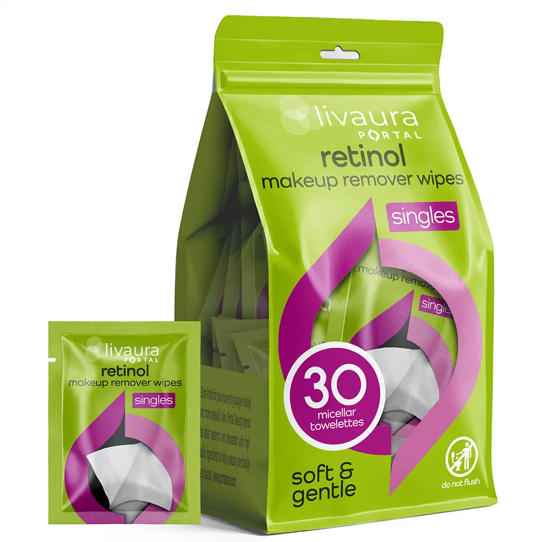 PORTAL BEAUTY Retinol Makeup Remover Wipes with Hyaluronic Acid, Face Cleansing Towelettes for Women, Individually Wrapped Make up Face Wipe for Travel, Hydrating Makeup Removal, Facial Wipes 30 Count