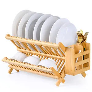 2-Tier Bamboo Dish Drying Rack - Foldable Space-Saving Drainer with Utensil Holder for Kitchen Counter
