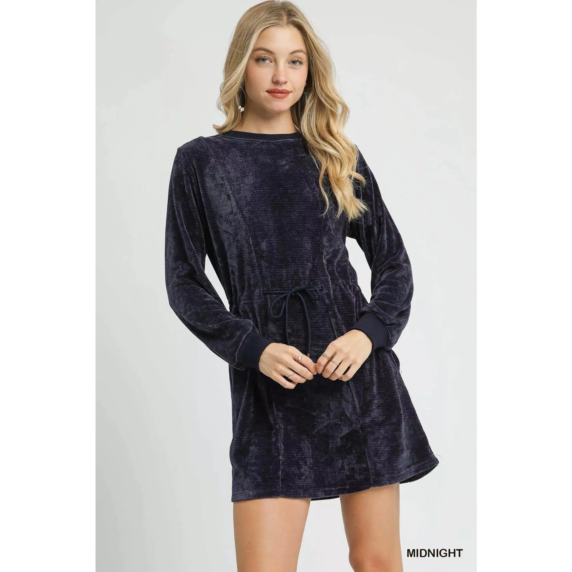 Black Velour Drawstring Mini Dress with Long Sleeves