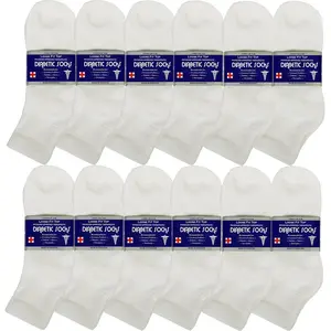 12 PK White Men Cotton Circulatory Loose Fit Quarter Ankle Diabetic Socks 10-13 Menswear Knit Elastic