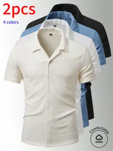 2-pack men’s short-sleeve shirts, men’s textured shirts, casual classic cardigan-style clothing, summer 2026 casual tops, National Day apparel, button-up shirts, suitable for men’s everyday commuting and outdoor travel.