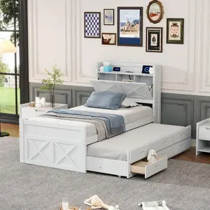 [Bellemave]Twin Size Wooden Bed with Storage Headboard with Outlets, Extendable Bed with Twin Size Trundle with Three Storage Drawers