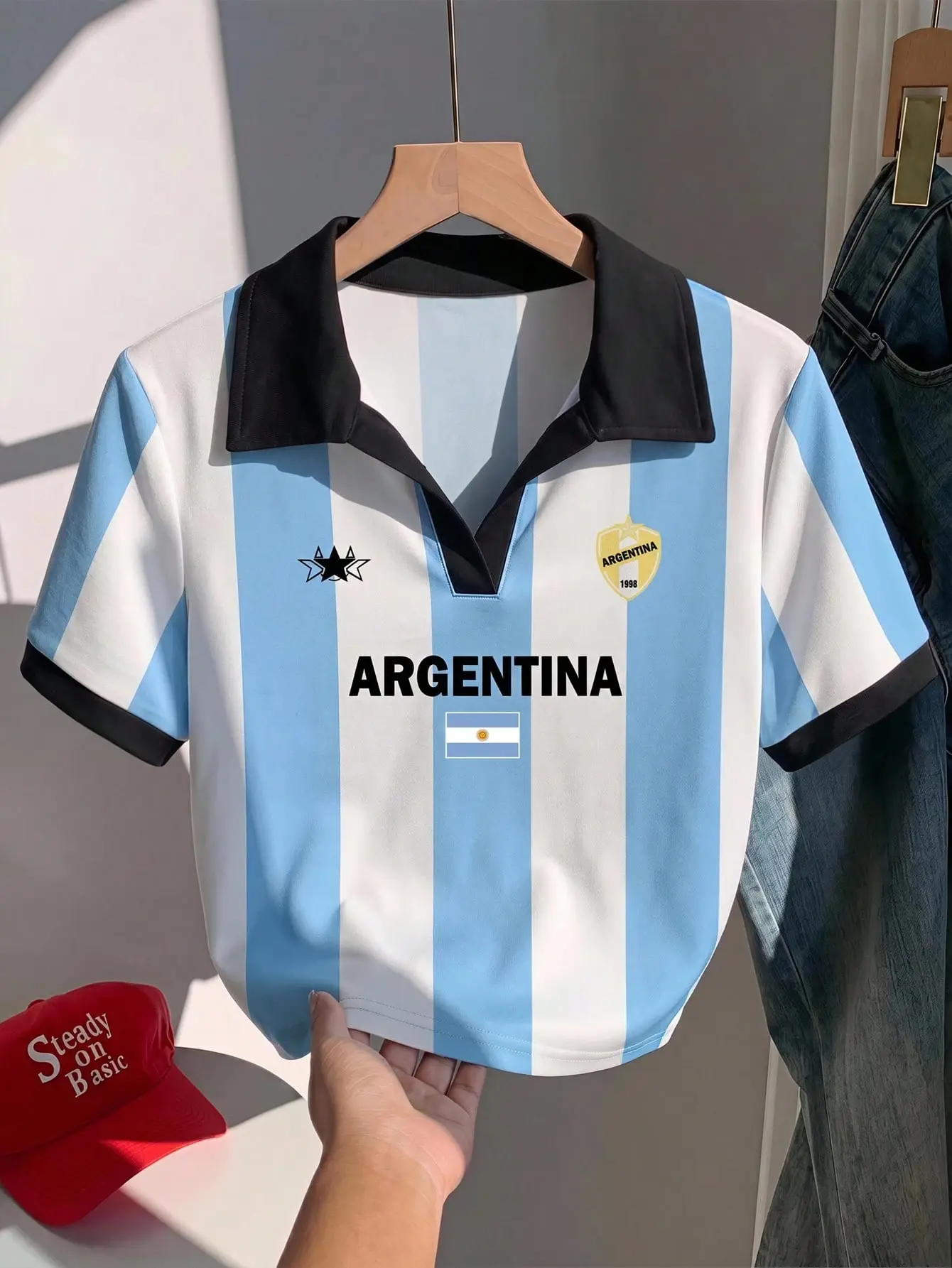 CHICWITHADRI Women's Argentina Graphic Vintage Colorblock Print Polo Collar Slim Fit Top Casual Summer Outfit Streetwear Fashion Y2K Style