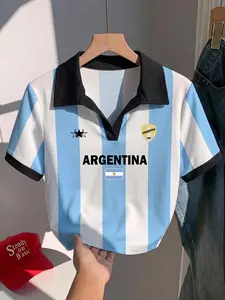 CHICWITHADRI Women's Argentina Graphic Vintage Colorblock Print Polo Collar Slim Fit Top Casual Summer Outfit Streetwear Fashion Y2K Style