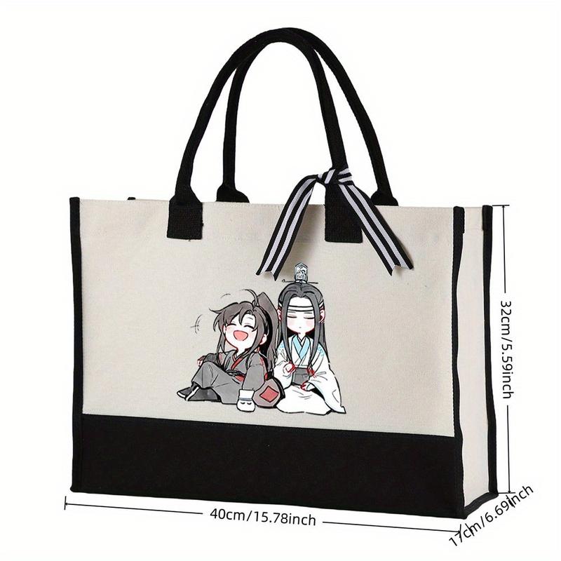 1pc Stylish Elegant Wei Wuxian & Lan Wangji Tote Bag - White with Black Handles, Cute Anime Character Design, Perfect for Work, Travel, or Daily Use, Ideal Gift, Casual Shoulder Bag | Anime Character Bag | Durable Handle Bag