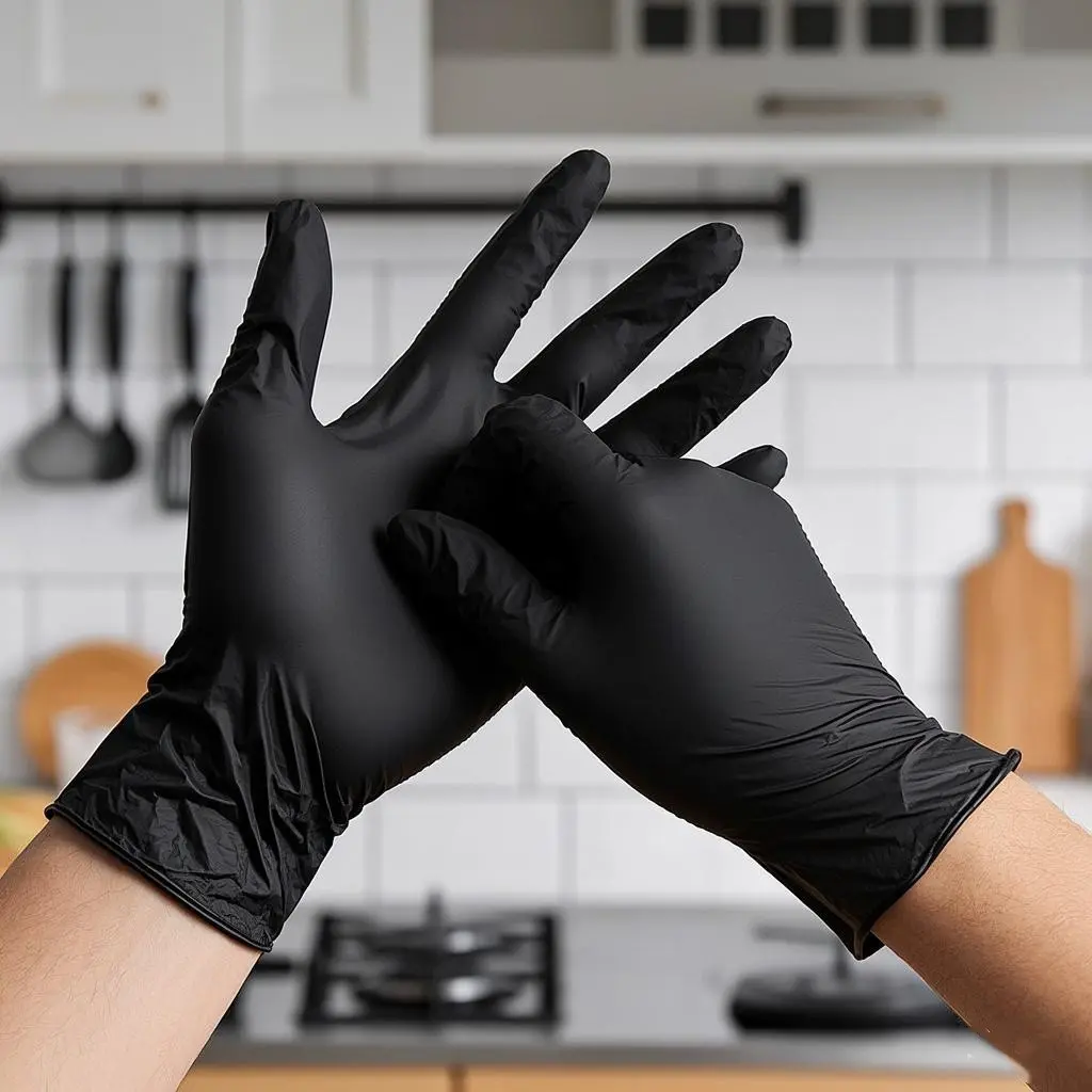 20 / 50 / 100 Pcs Pack Black PVC Synthetic Disposable Gloves, Disposable Thickened Gloves, Household Durable Cleaning Gloves, Plastic Gloves, Suitable for Kitchen Cleaning, Salon Use, Textured Fingertips, Latex-Free, PE Bag Packaging, Cleaning Supplies