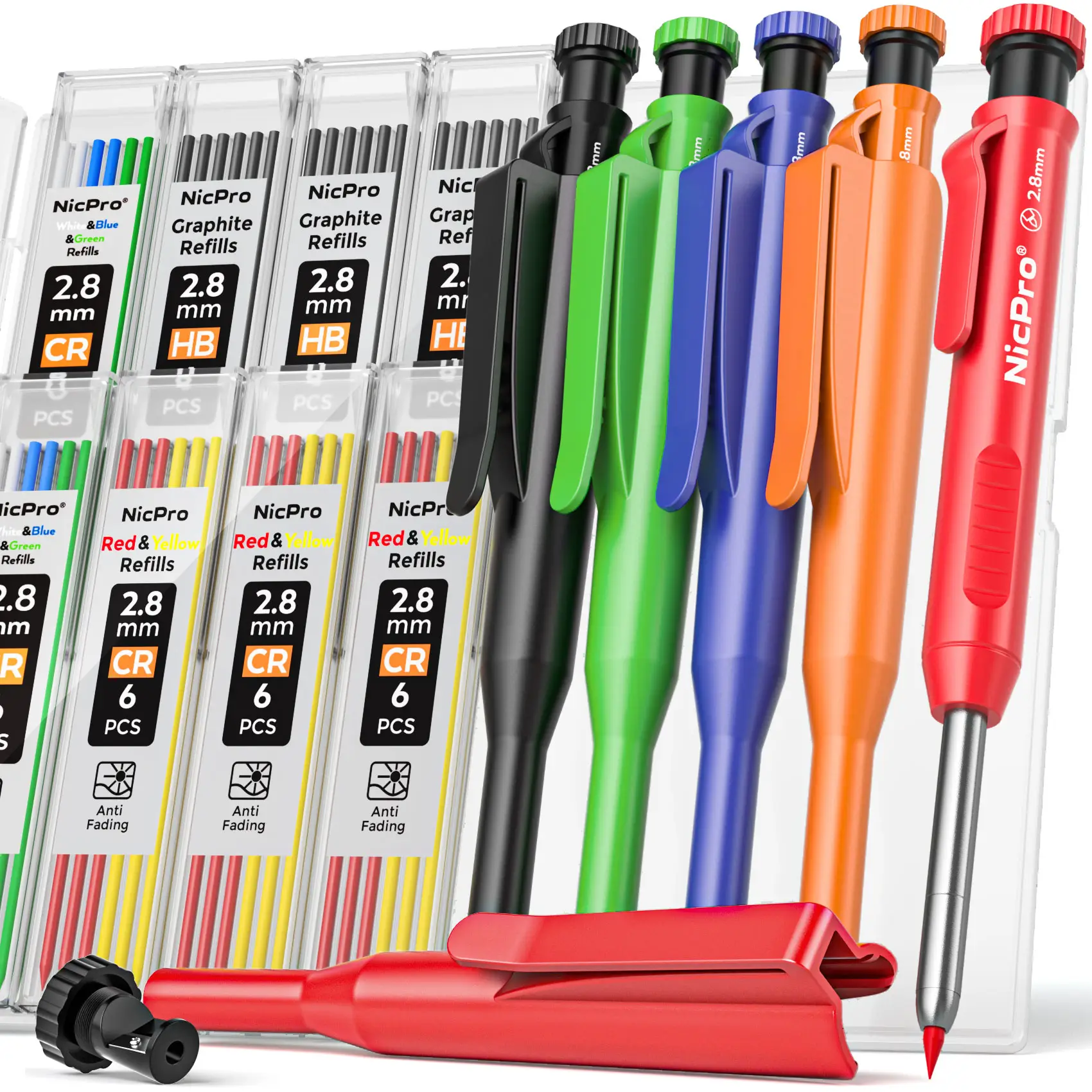 Nicpro 5 Pack Carpenter Pencil with Sharpener & Holders, Mechanical Carpenter Pencils Set with 53 Refills, Deep Hole Marker Woodworking Pencils, Heavy