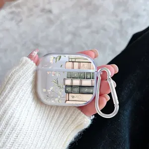 Books and Blooms Pattern TPU Soft Protective Case for Apple AirPods 4/3/2/1/Pro/Pro2 Transparent Earphone Cover with Keychain Attachment