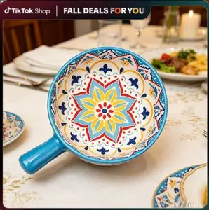 Bohemian style ceramic noodle bowl, colorful flower patterned salad bowl with handle,   dessert bowl,   microwave and dishwasher safe, scratch resistant, household kitchen utensils ceramic