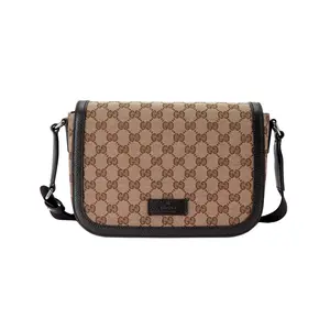 Gucci Monogram Leather Logo Canvas Crossbody Messenger Bag for Men in Ebony and Dark Brown
