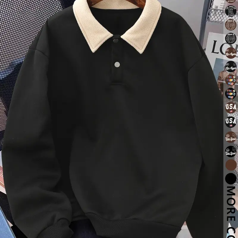 Men's Y2K Autumn Winter Thickened Retro British Style Aesthetic Lamb Wool Collar Polo Shirt, Button Up Polo, Unisex Casual Fashion, All Seasons Wear