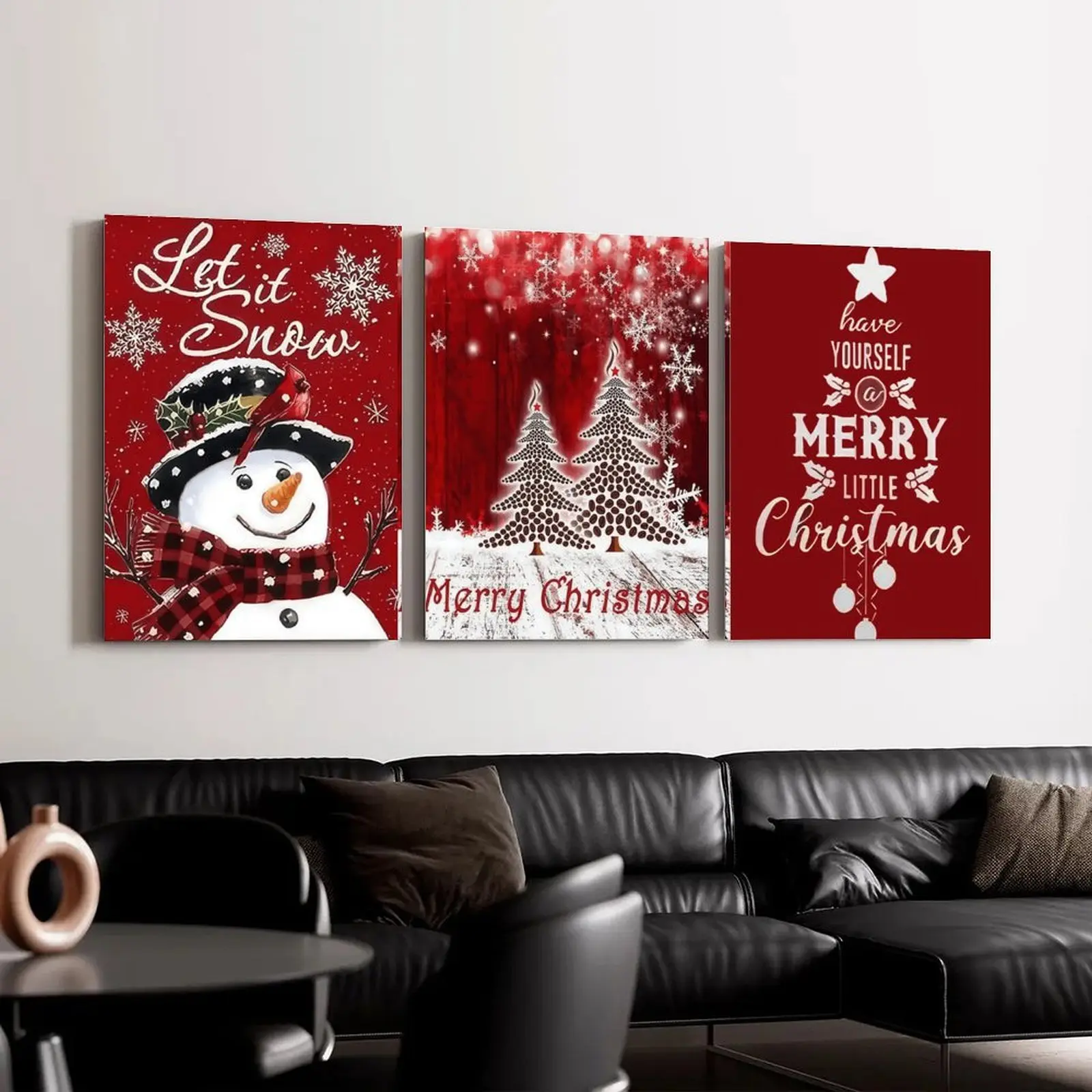 Three red Christmas snowman canvas decorative paintings, Christmas tree and snowman posters, suitable for furniture decoration in living rooms and bedrooms.