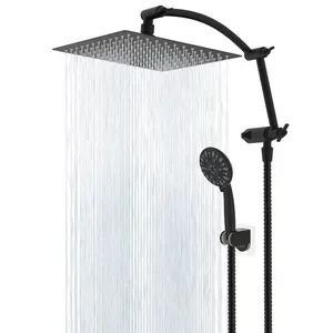 Hibbent All Metal Shower Head,10'' High Pressure Rain Shower Head/Handheld Showerhead Combo with 16'' Adjustable Arc-shaped Shower Extension Arm, 7-Spray, 71'' Hose Adhesive Showerhead Holder,