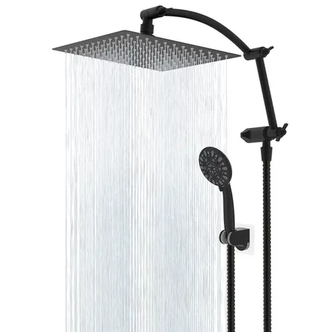 Hibbent All Metal Large Size 10in High Pressure Rainfall Shower Head Ensemble - 7-Spray Handheld Combo, 16in Adjustable Arc-Shaped Extension Arm, 71in Hose, Adhesive Holder, Bathroom Accessory for Baby Bath