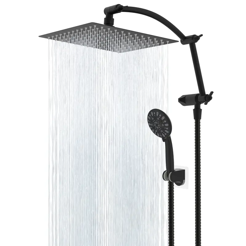 Hibbent All Metal Large Size 10in High Pressure Rainfall Shower Head Ensemble - 7-Spray Handheld Combo, 16in Adjustable Arc-Shaped Extension Arm, 71in Hose, Adhesive Holder, Bathroom Accessory for Baby Bath