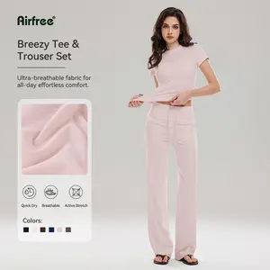 Airfree 2-Piece Workout Set, Shaping Support, Breathable Quick-Dry, Athletic Women’s Crew Neck T-shirts Straight-leg Pants Set Tracksuit Set, Sporty Casual Breathable Outfits for Yoga, Gym, Workout, Running, Gym Workout Clothes athleisure wear