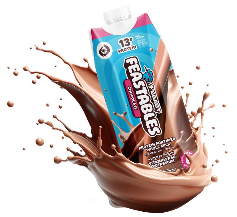 Feastables by MrBeast - Chocolate Milk – Protein-Packed Real, Whole Milk, Made with Protein and Vitamins A&D, 13g Protein, 230 Calories, Fairtrade Certified, Kosher, Ready-to-Drink, Shelf-Stable