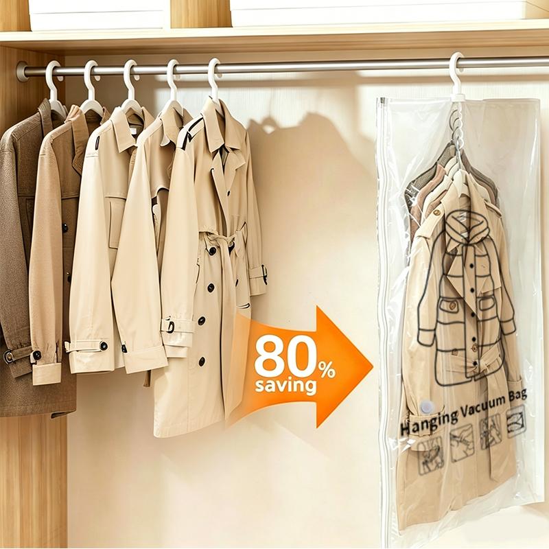 4 Pack Hanging Vacuum Storage Bags for Clothes, Long Clear Garment Vacuum Seal Bags with 4 Sealing Clips for Coats, Suits, Dresses and Jackets