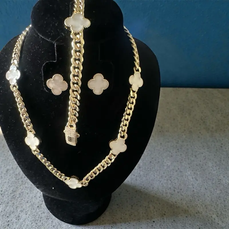 Monaco Necklace Set with Elegant Gold-Tone Chain and Clover Charms for Women's Fashion 14k gold plated