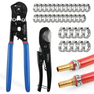2 IN 1 Ratchet PEX Crimping Tool Kit - Cinch and Remove Dual Function Suitable for 3/8" to 1" Stainless Clamps with Pex and Stainless Pex Clamps 1/2" 25PCS, 3/4" 10PCS