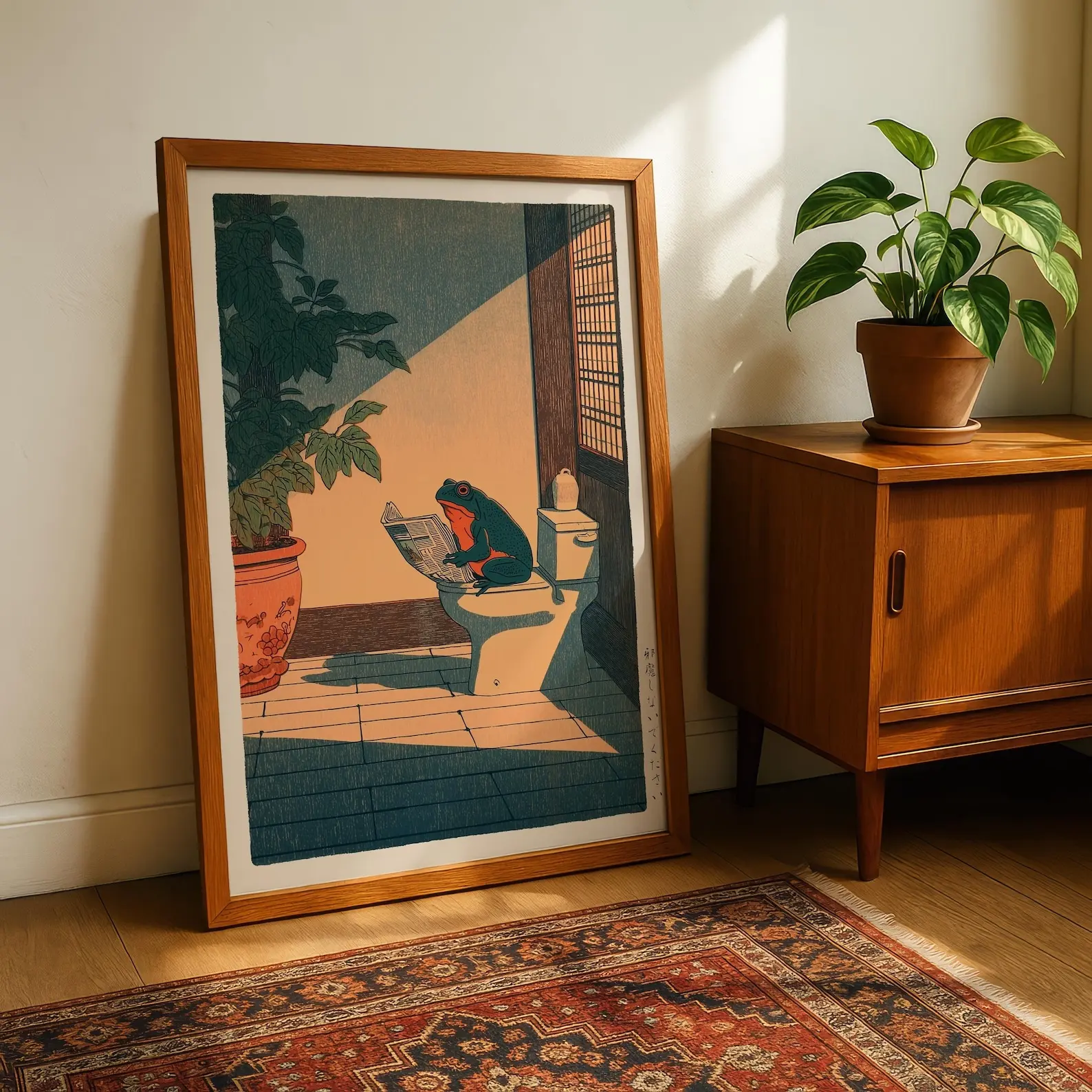 Japanese Frog Wall Art, Funny Frog Bathroom Print, Japandi Decor