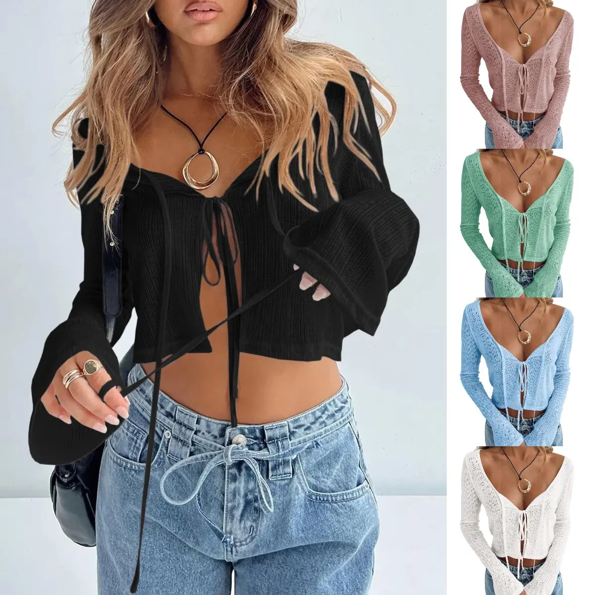 Goranbon Women's Long Sleeve Crochet Sheer Knit Blouse - Tie Front, Scoop Neck, Bell Sleeve Crop Top for Birthday, Bridal Occasions (Pairs with Jeans, Skirt, Trouser), Flat