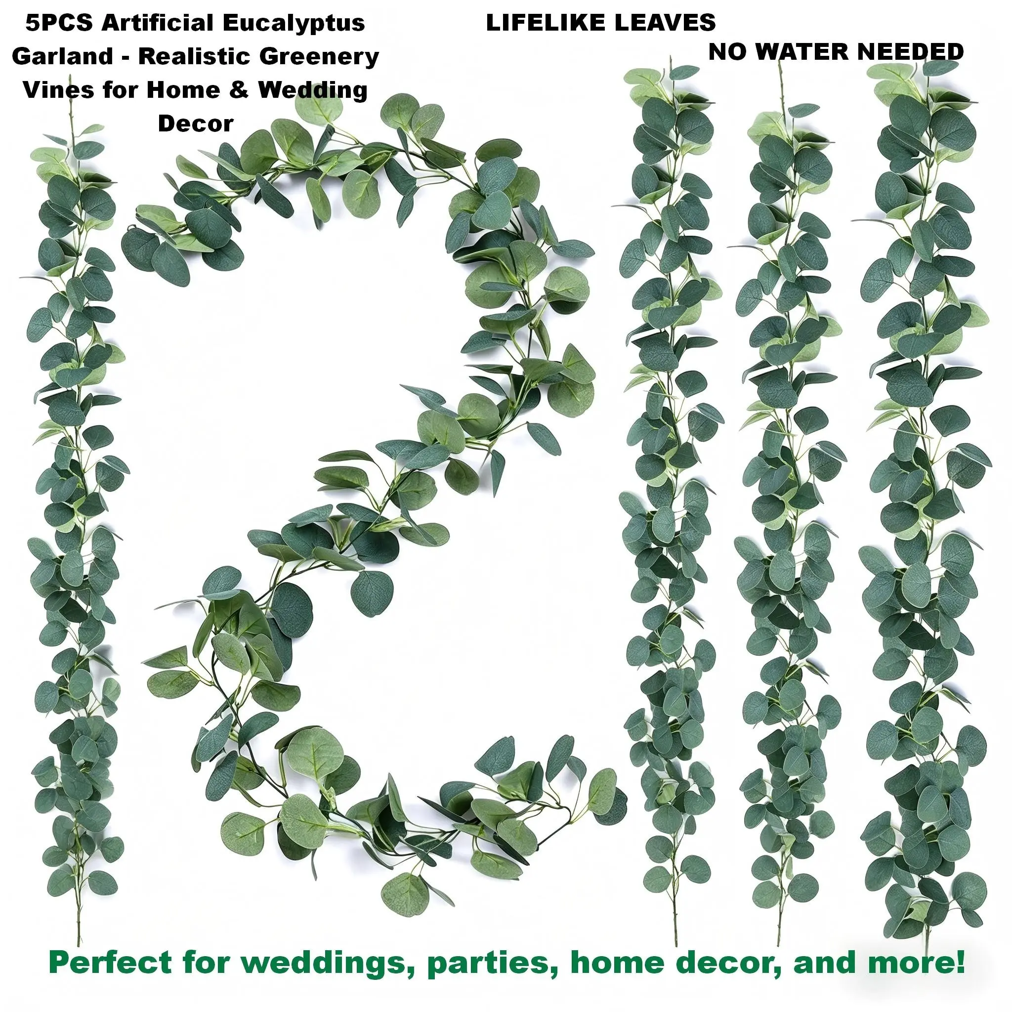 5 Pack Artificial Eucalyptus Garland, Faux Silver Dollar Eucalyptus Leaves Vines, Greenery for Wedding Arch Backdrop Indoor Outdoor Decor