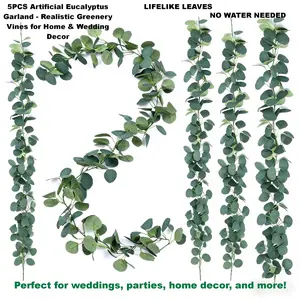 5 Pack Artificial Eucalyptus Garland, Faux Silver Dollar Eucalyptus Leaves Vines, Greenery for Wedding Arch Backdrop Indoor Outdoor Decor