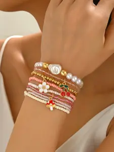 Women Boho Style Beaded Charm Bracelet Set, Multi-Layered Flower Mushroom Cherry Design, Ideal Gift for Valentine's Day & Mother's Day