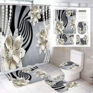 1/4pcs Elegant Black White Gold Bathroom Set - Shower Curtain Sets, 2 Bath Mats & Toilet Seat Cover with Glossy Gold Flowers, Marble Background & Beaded Trim - Perfect for Christmas, Thanksgiving, Valentine's Day Home Decor & Gifting