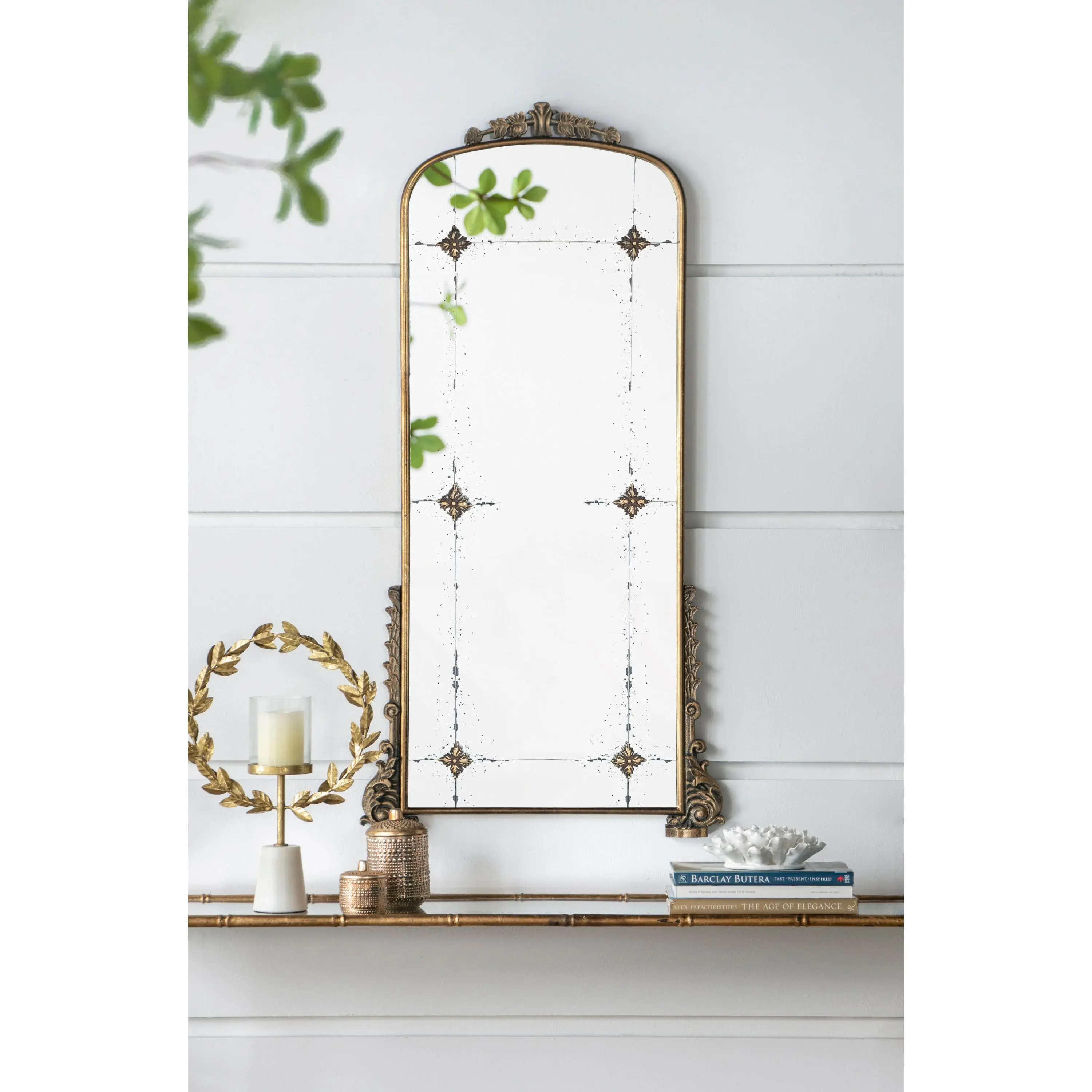 Antique Gold Arched Iron and Wooden Frame Full-Length Mirror (24in x 48.5in) - Baroque Flair Home Decor, Room Accessory for Living Room, Bathroom