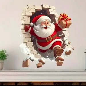Santa Claus Breakthrough Wall Stickers 3pcs Removable Vinyl Christmas Decorations for Living Room Home 40x35cm Classic Red White Festive Design