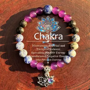 Chakra Energy Balancing Bracelet with Amethyst Blue Striped & Volcanic Stones Silver Lotus Pendant for Spiritual Healing & Positive Energy Transformation