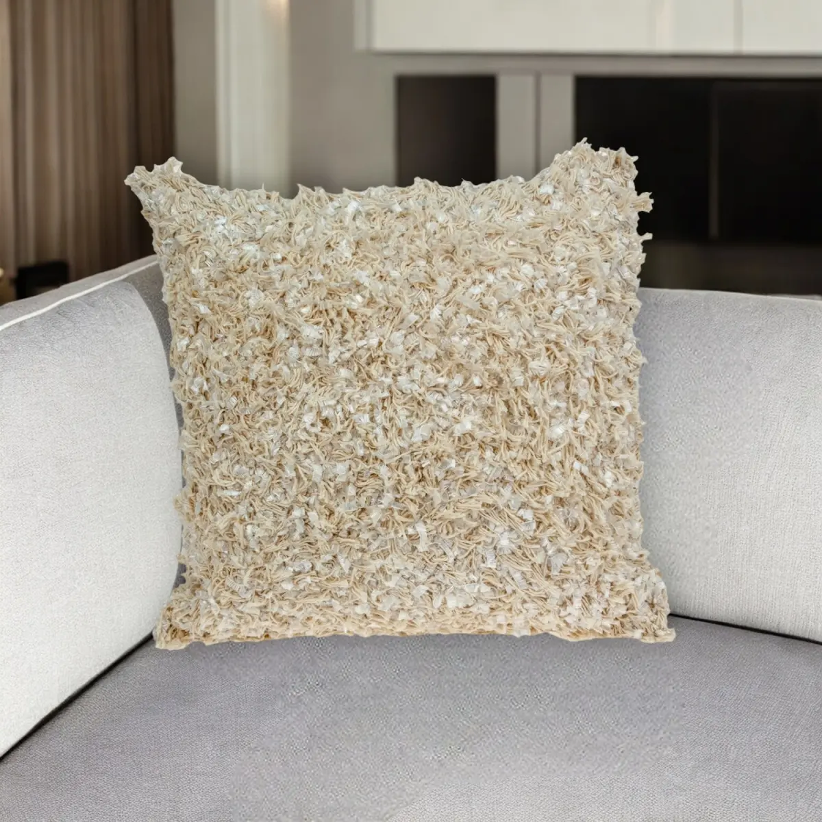 360 Stand 18 in. Beige Shag Throw Pillow, Soft Cushions for Home Decor